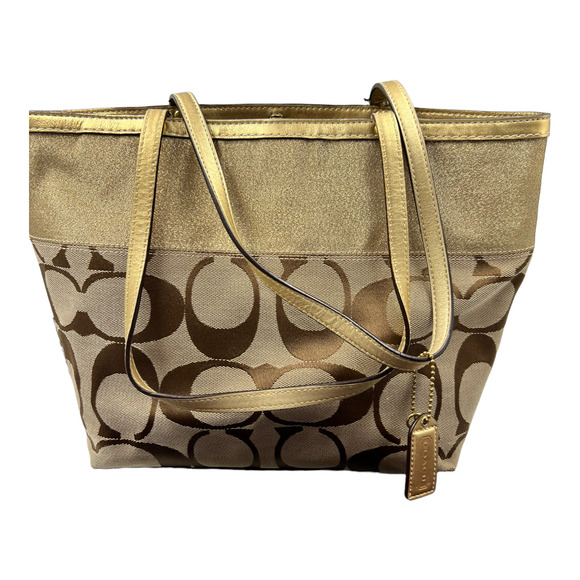 COACH Signature C Khaki Gold Leather Poppy Glam Shoulder Tote Bag 13826 - Picture 5 of 8